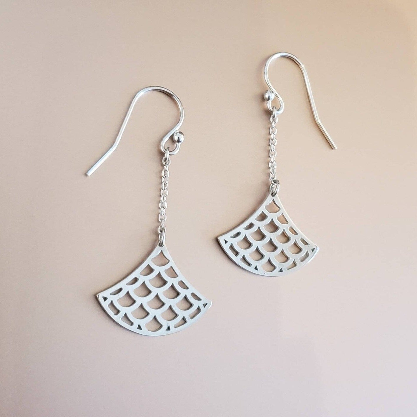 Boucles d'oreille Vague Seigaiha longues sur crochet, argent sterling, inspiration Japon