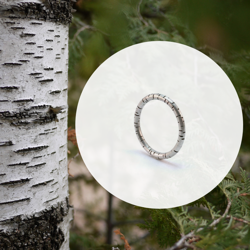 Bague Bouleau, jonc inspiré de l'écorce du bouleau. Argent sterling. Bague mixte, pour femme et homme.