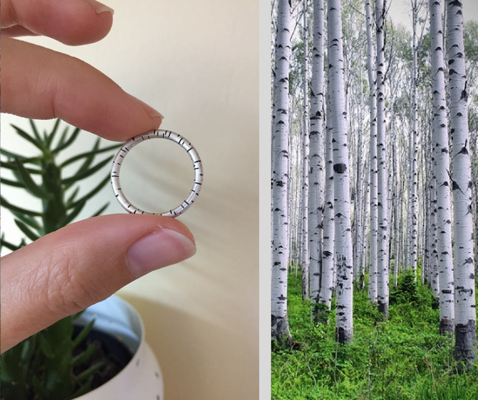 Bague Bouleau, jonc inspiré de l'écorce du bouleau. Argent sterling. Bague mixte, pour femme et homme.