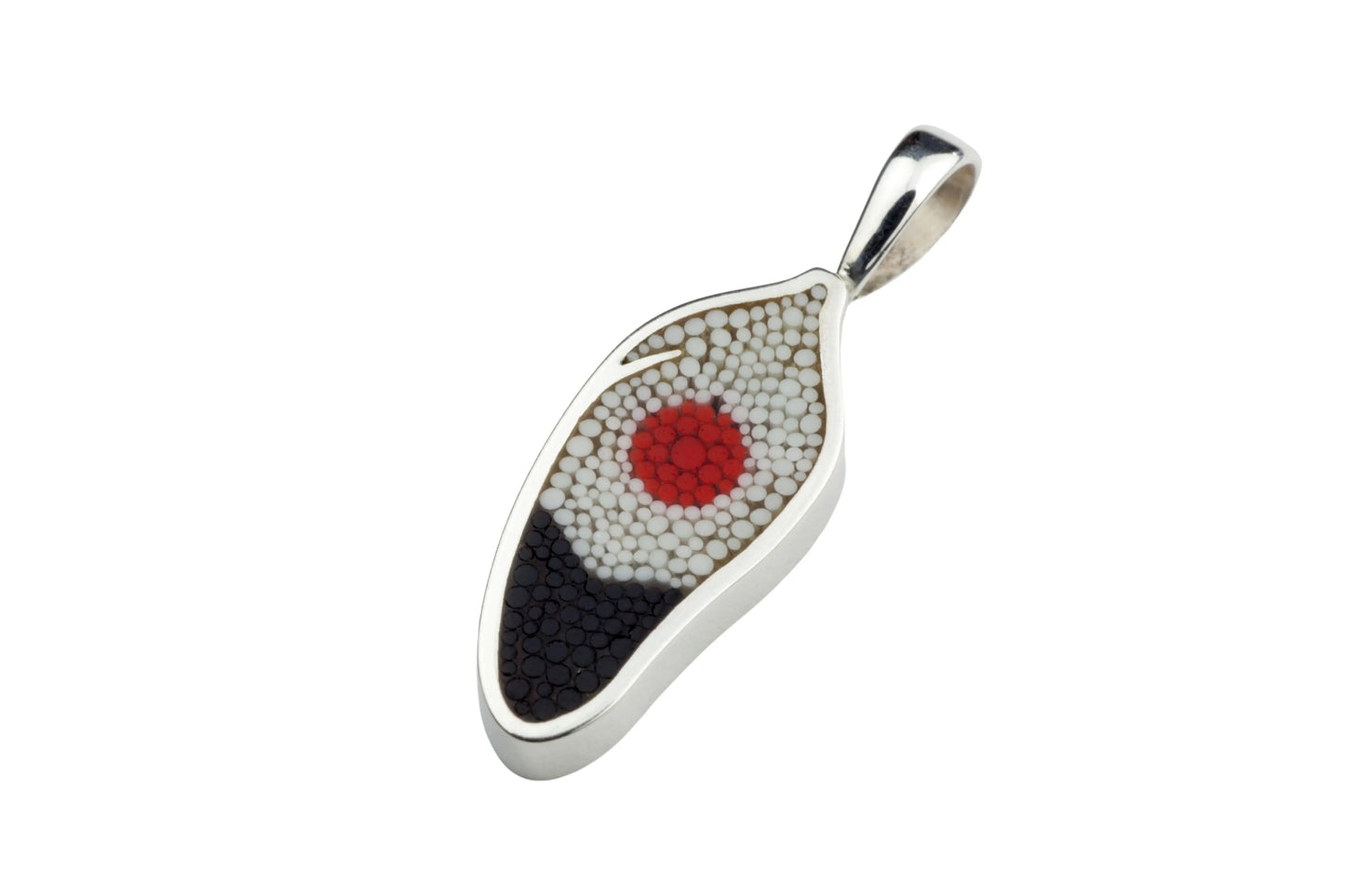 Pendentif Plume 2 en argent sterling et micro-mosaïque de verre, avec chaîne en argent sterling.